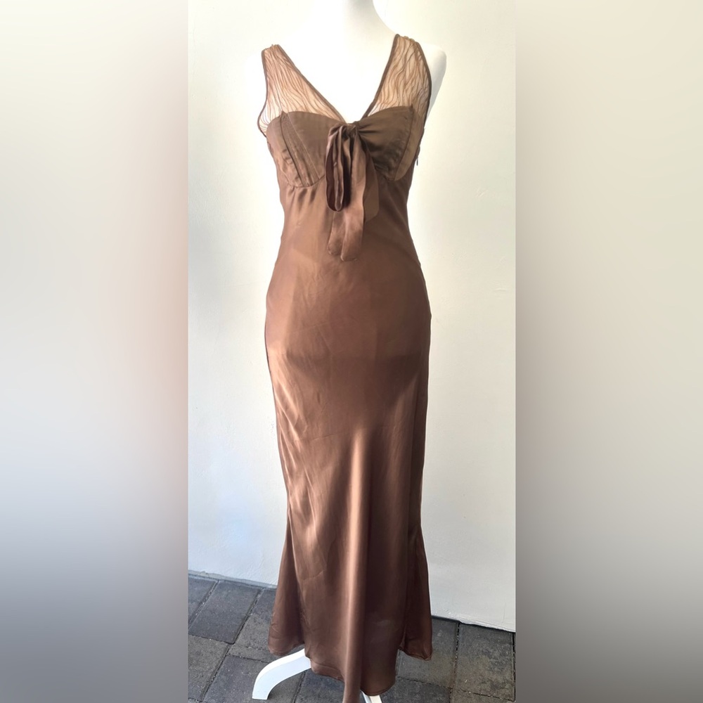Femme sheer slip midi dress sz S, chocolate brown,  side zip, lined - Picture 5 of 9